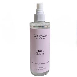 Perth Musk stick room spray, pink label in a 250ml spray bottle. To freshen up room, car or on fabric